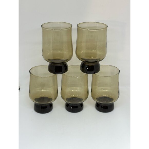 VTG Anchor Hocking Libbey Tawny Smokey Brown Glasses Set 5 Mid-Century USA 4.5" - Picture 6 of 9
